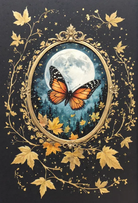 symmetric, balanced, monarch butterfly at the center of the moon surrounded by a frame of zinnia flowers, dark amber and gray co...