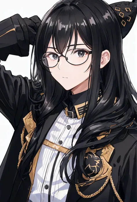 Boy,round glasses,long hair,black hair,black facemask,black jacket,white undershirt 