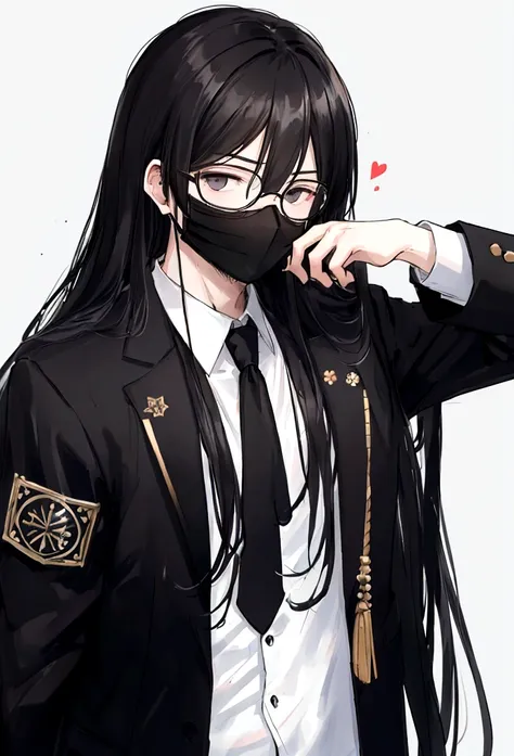 Boy,round glasses,long hair,black hair,black facemask,black jacket,white undershirt 