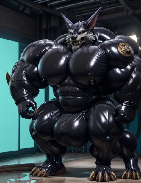 solo, male, , , ,  (hyper pecs:1.2), （long thick thighs:1.5）, standing, indoor,，(，,(,solo,very hyper muscles:1.3)((, Huge bulge：1.3))）（corruption)), black glowing liquid，（((liquid_latex, , rubber:1.2)，,black latex，goo transformation，(gooey)()(l），unreal eng...