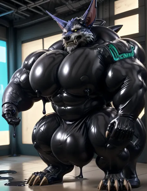 solo, male, , , ,  (hyper pecs:1.2), （long thick thighs:1.5）, standing, indoor,，(，,(,solo,very hyper muscles:1.3)((, Huge bulge：1.3))）（corruption)), black glowing liquid，（((liquid_latex, , rubber:1.2)，,black latex，goo transformation，(gooey)()(l），unreal eng...