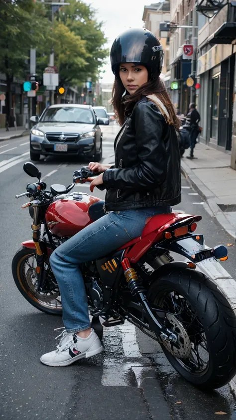 Girl riding motorcycle, street, motorcycle helmet, jacket, blue jeans, shoes, 