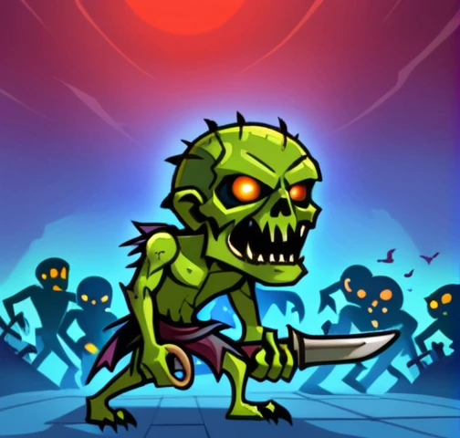 monster, zombie , fantasy weapon, game character, cartoon, background with other zombies 