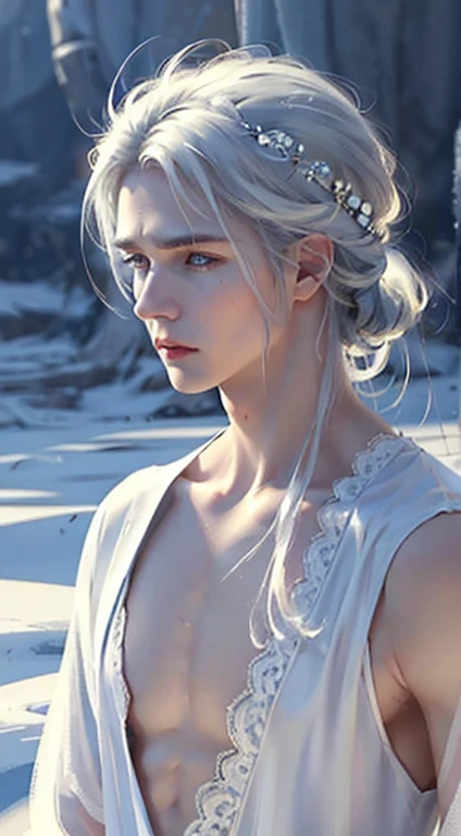 delicate man, 29-years-old, grayish white hair, longer section of hair on the side, ice blue eyes, scar on cheek, wears traditional clothes with lace applications, pale hair, beautiful blue eyes.