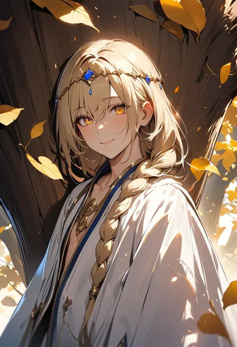 1boy, long overflowing blonde hair loosely braided, golden eyes, subtle holy glow, small golden circlet, looking at viewer, smiling, white robes, flat chest, girly boy, gigantic tree with golden leaves background, textured skin, award winning, high details...