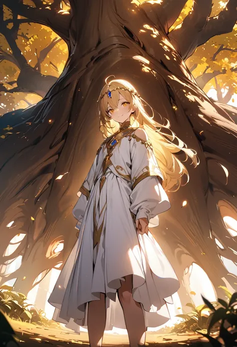 1boy, long overflowing blonde hair loosely braided, golden eyes, subtle holy glow, small golden circlet, looking at viewer, smiling, white robes, flat chest, girly boy, gigantic tree with golden leaves background, textured skin, award winning, high details...