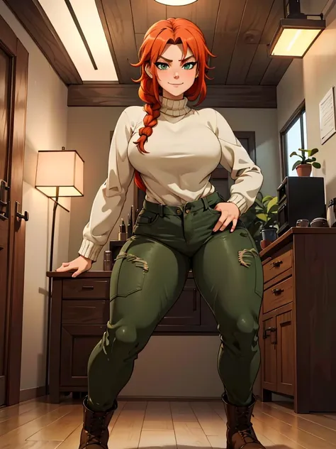 (best quality,4k,8k,highres,masterpiece:1.2),ultra-detailed,realistic:1.37,portrait, anthro very sexy bandicoot  girl lesbian redhead, braided hair, beautiful green eyes, seductive, warm sweater, hants to unzipped camouflage pants, army boots, smirking, co...