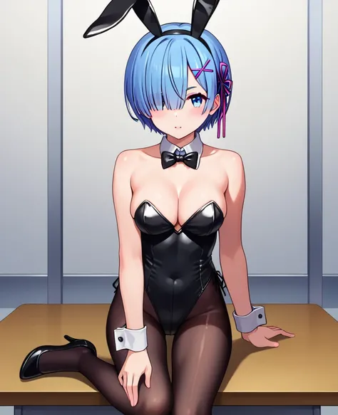  score_9_up, score_8_up, score_7_up, source_anime,high resolution,ultra sharp image, rem, blue eyes, blue hair, hair ornament, hair over one eye, hair ribbon, short hair, x hair ornament, fake bunny ears, high legs leotard,black bunnysuit, bunny tail, deta...