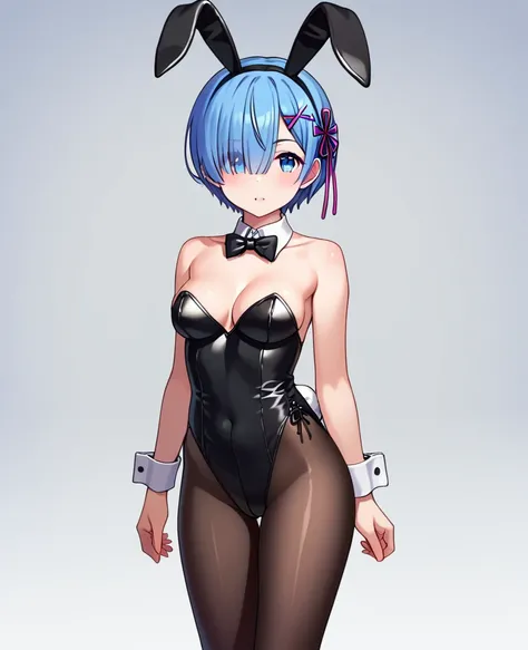  score_9_up, score_8_up, score_7_up, source_anime,high resolution,ultra sharp image, rem, blue eyes, blue hair, hair ornament, hair over one eye, hair ribbon, short hair, x hair ornament, fake bunny ears, high legs leotard,black bunnysuit, bunny tail, deta...