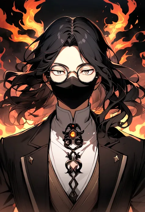 Boy,round glasses,neck length hair,black hair,black facemask,black jacket,white undershirt 