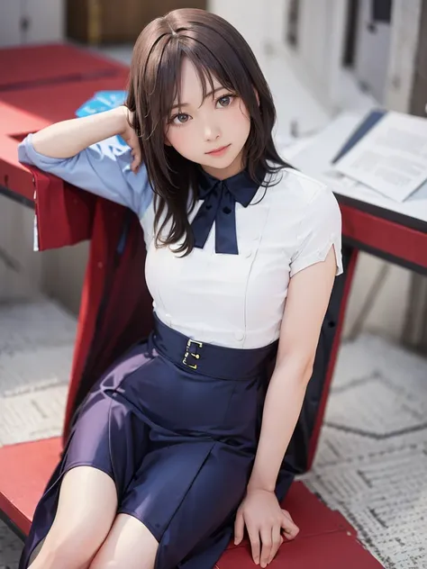 raw photo, 1girl, cute face, beautiful face, medium breast, light smile, detailed skin, simple background, Above the knee, sit on a chair, Seductive pose, photorealistic, masterpiece, best quality, anatomically correct