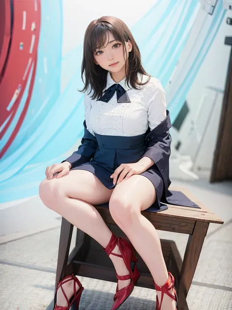 raw photo, 1girl, cute face, beautiful face, medium breast, light smile, detailed skin, simple background, Above the knee, sit on a chair, Seductive pose, photorealistic, masterpiece, best quality, anatomically correct