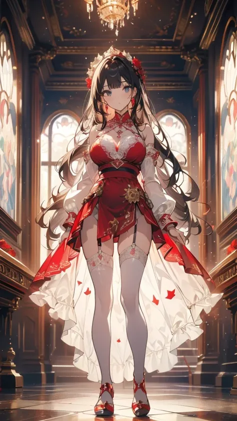 ((masterpiece, best quality)), Delicate face，magician，Gold and red，whole body，Standing picture，Long legs，Large Breasts，Gradient long wavy hair，Perfect body proportions，beautiful eyes，Extremely beautiful，transparent， Pure white background，crystal，Sexy Linge...