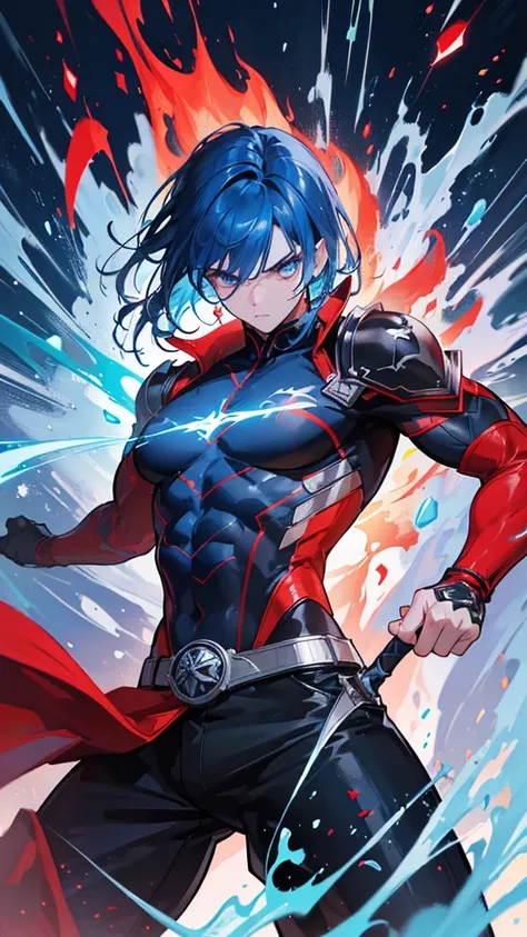 A muscular boy with intense blue hair, swinging a fiery sword, eyes glowing with red fire and blue ice, angry expression, fighting a demonic creature, wearing a sleek black jacket,and white shirt (best quality,4k,8k,highres,masterpiece:1.2),ultra-detailed,...