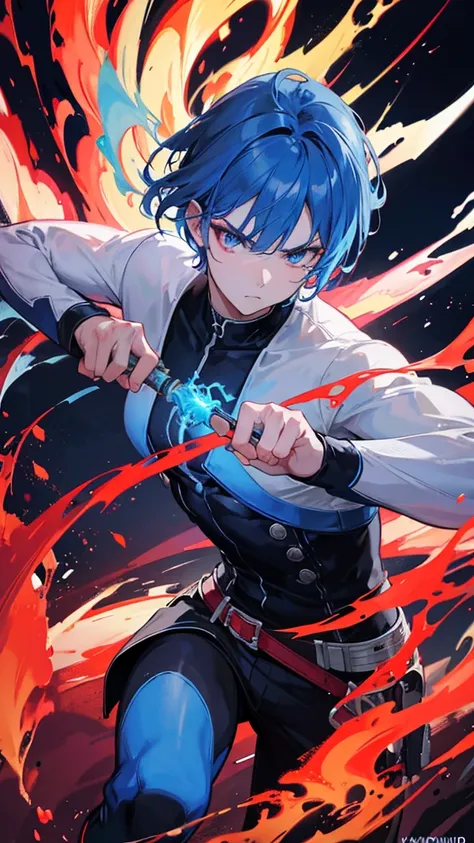 A muscular boy with intense blue hair, swinging a fiery sword, eyes glowing with red fire and blue ice, angry expression, fighting a demonic creature, wearing a sleek black jacket,and white shirt (best quality,4k,8k,highres,masterpiece:1.2),ultra-detailed,...