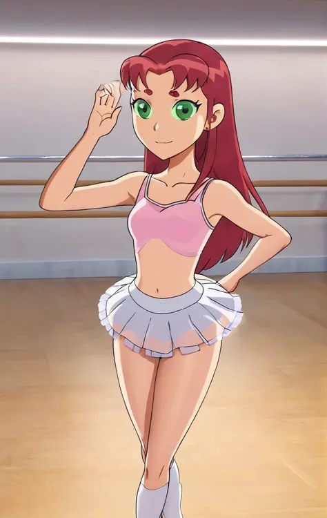 ohxw, star12, red hair, green eyes, pink tutu, pink tank top, bare legs, ballet slippers, full body, blushing, dance studio, 4k, highly detailed, lighting, inside, cartoon, 2d, sharp, skirt lift, white panties