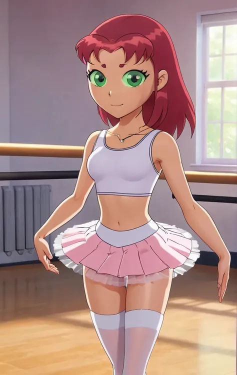 ohxw, star12, red hair, green eyes, pink tutu, pink tank top, bare legs, ballet slippers, full body, blushing, dance studio, 4k, highly detailed, lighting, inside, cartoon, 2d, sharp, skirt lift, white panties