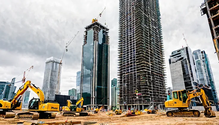 first person view, facing a vacant lot, large skyscraper being built, various construction equipment