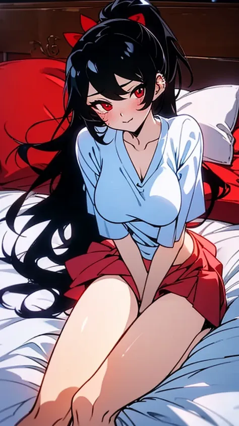 wavy black hair, piercing look with deep red eyes, average stature, Silky hair with a ponytail hairstyle collected with a red bow with two white lines, lying in her bed , has a vagina, has breasts,NSFW, poses perverteds, lustful look, perverted, wearing a ...