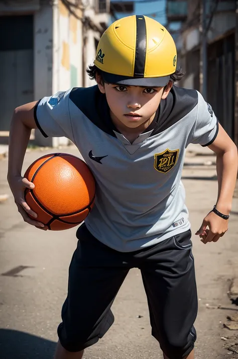 Create an image of a boy holding the ball and a 3D favela