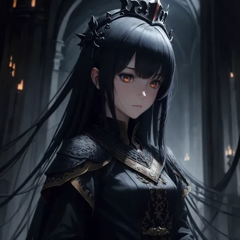 Dark environment and that it is like anime and that it has beautiful designs and an adult girl looking straight ahead with a dragon clothing with a crown on top with 8k or HD designs that is anime and has a face that would be 