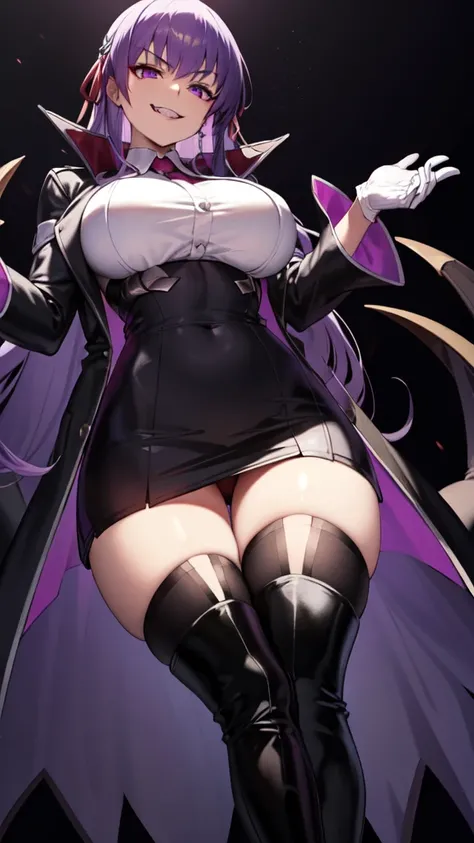  isometric, mid shot,  night, ,,, purple hair, black jacket, white shirt, black skirt, red ribbon, big breasts, purple eyes, white gloves, long hair, big collar, evil smile,,thighhigh boots,(evil smile:1.3),Highly detailed CG Unity 8K wallpaper, perfect li...