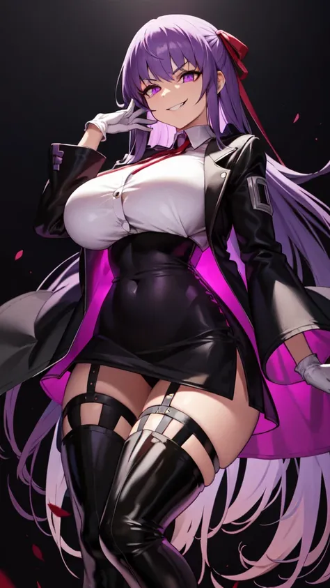 isometric, mid shot,  night, ,,, purple hair, black jacket, white shirt, black skirt, red ribbon, big breasts, purple eyes, whit...