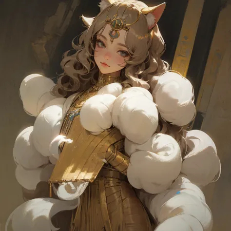 The illustration shows a character with a fusion of human and feline features. The character has long, wavy hair, cat ears that look soft and match your hair color, and a fluffy, voluminous tail. Visible clothing includes an Egyptian pharaoh costume . The ...