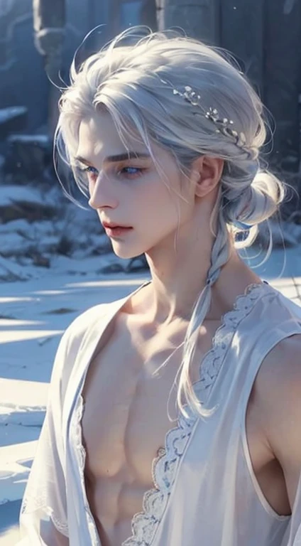 delicate man, 29-years-old, grayish white hair, longer section of hair on the side, ice blue eyes, scar on cheek, wears traditional clothes with lace applications, pale hair, beautiful blue eyes.