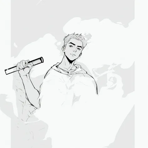 drawing of a man holding a baseball bat in his hand, he is smoking a cigarette, thick smoke around him, smoke around him, holding a wand, holding the wand, young and slim male alchemist, holding the wands, with smoke, wizard&#39;s pipe, high quality fanart...