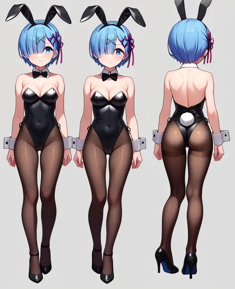  score_9_up, score_8_up, score_7_up, source_anime,high resolution,ultra sharp image, rem, blue eyes, blue hair, hair ornament, hair over one eye, hair ribbon, short hair, x hair ornament, fake bunny ears, high legs leotard,black bunnysuit, bunny tail, deta...