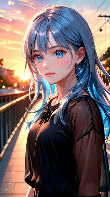 a beautiful detailed girl walking towards the viewer, dramatic expression, sunset-colored hair, light blue eyes, glass-like eyes, showing her palms, bokeh effect, dynamic, (best quality,4k,8k,highres,masterpiece:1.2),ultra-detailed,(realistic,photorealisti...