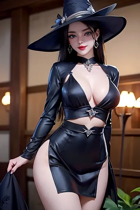 A captivating representation of a witch in a hat, young and beautiful model with an extremely beautiful face framed by black hair, blue eyes, red lips , her figure is breathtaking, Meticulously rendered with perfection in every detail, looking attractive i...