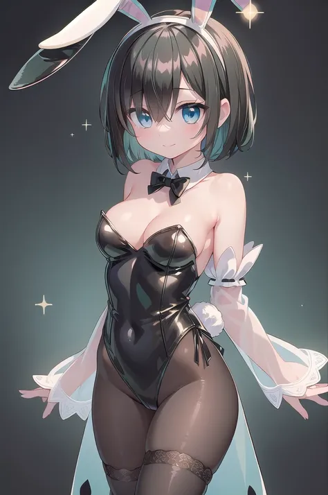 (1girl,solo),(pastel green playboy bunny:1.6),cowboy shot,standing,(black hair:1.6),BREAK,(short hair:1.4),x hair ornament,hair ribbon, hair over one eye,(blue eyes:1.4)(beautiful fingers:1.2),(perfect anatomy:1.6),(arms_behind_back:1.6),(cold_shoulder:1.2...