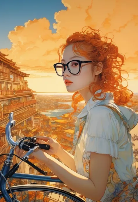 artwork:Katsuya Terada
8k, High resolution, A complex and intricate masterpiece, (Summer vacation:1.2), (Girl with glasses riding a bicycle:1.1), thin frame glasses、transparent, Glowing black eyes, Bicycle and brown eyeball, Medium Shot, Orange Hair, Organ...