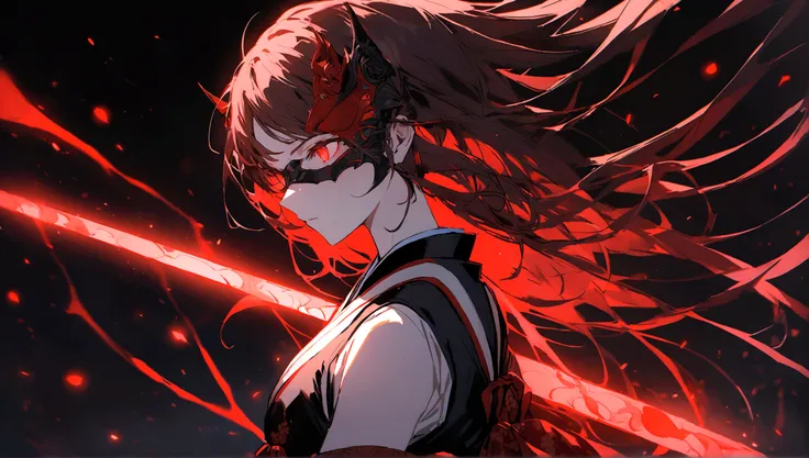 In the image, there is an anime character set against a dark background with red glowing particles. The character has striking red eyes that emit an intense glow. They are wearing a mask with a red upper part and a black lower part. Their hair is black wit...