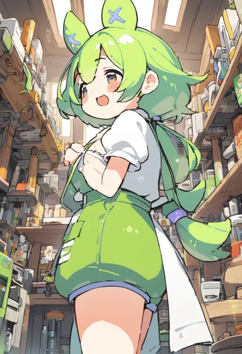 1girl,zundamon,voicevox ,green hair, blush stickers, animal ears,white shirt, short sleeves, long hair, suspender shorts,shorts, puffy sleeves, low ponytail, hair ears, from below, panorama shot, looking to the side, archaic smile, tool Shop, open mouth, m...