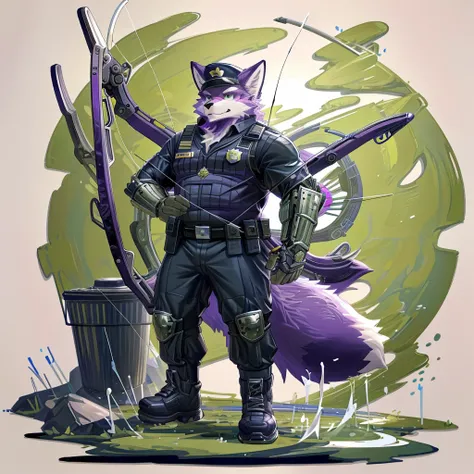 anthro, kemono, male, solo, (((purple fox))), (((purple fur))), purple hair, beard, white eyebrows, detailed green eyes, tall, steel hunting bow, (((archery armor, military hat, police man, black uniform, military shoes, police cap, uniform))), full body, ...