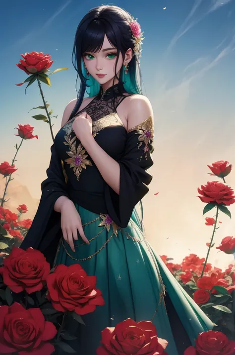 full HD foto realismo Exquisite and charming anime style illustration, Elza frozen fusão com Naruto dark Venom in the rose flower bed, a beautiful girl with green black dark devil hair, mel eyes, half body, hiding in the flowers dark black , colorful and d...