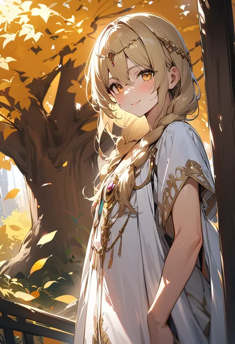 1boy, long overflowing blonde hair loosely braided, golden eyes, subtle holy glow, small golden circlet, looking at viewer, smiling, white robes, flat chest, girly boy, gigantic tree with golden leaves background, textured skin, award winning, high details...