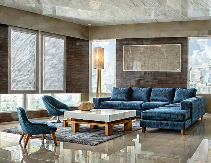 living room design in indochina style, daylight, ceramic tile floor, gray wall with window, 1 sofa set, 1 table, 1 velvet carpet...