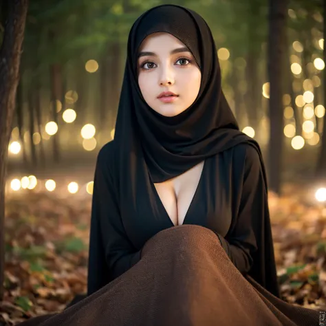 beautiful detailed eyes, beautiful detailed lips, extremely detailed eyes and face, long eyelashes, beautiful islamic woman, photoshoot pose, head to thigh body, moonlit night, night time, winter, walking on forest path, cute, big eyes, iconic, photorealis...