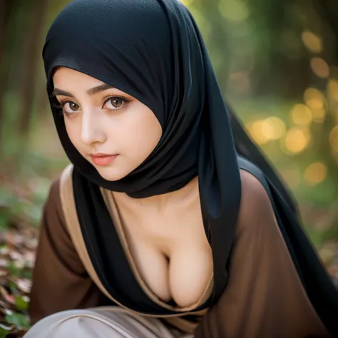 beautiful detailed eyes, beautiful detailed lips, extremely detailed eyes and face, long eyelashes, beautiful islamic woman, photoshoot pose, head to thigh body, moonlit night, night time, winter, walking on forest path, cute, big eyes, iconic, photorealis...