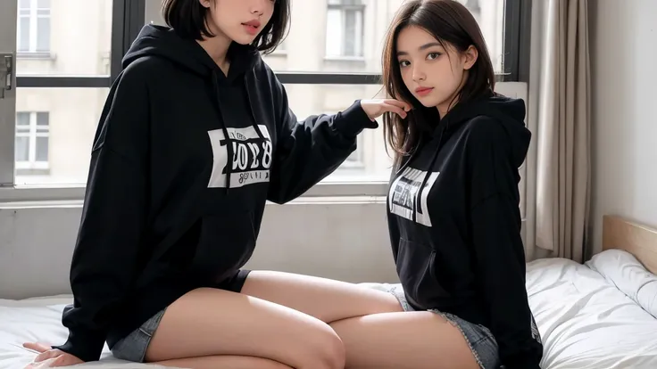 deux femmes ensemble de 18 ans sexy et mince , black short sleeve hoodie , salle de classe, se touche,position sey,sensuel