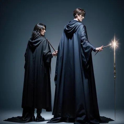 tall man with full body and back wearing a Harry Potter cloak and a wand, magician&#39;s cloak, wizard robes, wearing wizard robes, wearing black wizard robes, mantle movement waving, old magician&#39;s cloak, wearing a dark cloak, wearing hogwarts!!! robe...