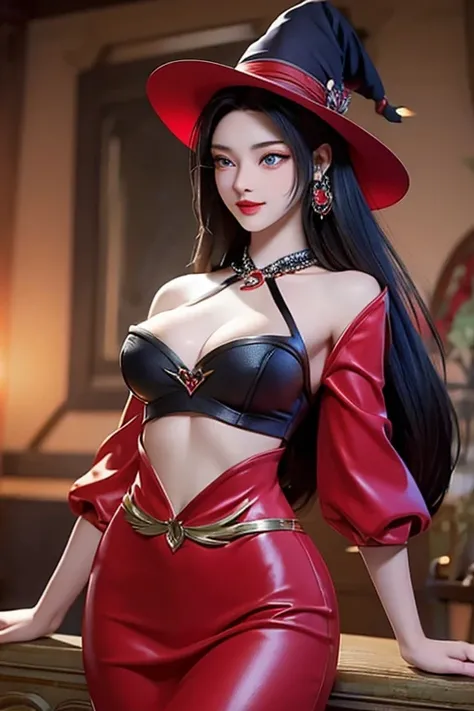 A captivating representation of a young red hat witch and beautiful model with an extremely beautiful face framed by black hair blue eyes red lips , her figure is breathtaking, Meticulously rendered with perfection in every detail, looking attractive in a ...