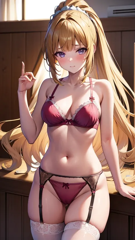 (masterpiece:1.3), (best quality:1.3)(8k, ultra detailed, ultra high res:1.2), ((anime style)), nsfw, perfect 5 fingers, perfect anatomy,
1girl,
BREAK long hair, ponytail, yellow hair, 
purple eyes, small hair scrunchie, 
[medium breasts], 
BREAK pink ling...