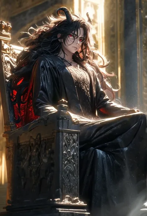 (solo), masculine, black hair, messy hair, mane hair, long hair, dense hair, wild hair, expressive hair, mature,(25 year old), pale skin, red eyes, ((man)), wearing a black robe, black demon horns,, big red demon wings, serious, handsome, attractive, eye r...