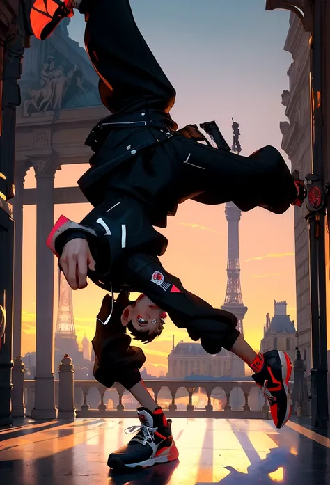 breakdance scene, fisheye lens, RossDraws style, 8K Ultra HD, emotion, breakdance dancer, black hooded coat, ripped knee-length pants, distressed sneakers, vibrant color palette, dramatic shadows, blur effect, Paris, Arc de Triomphe, sunset-lit sky, enchan...