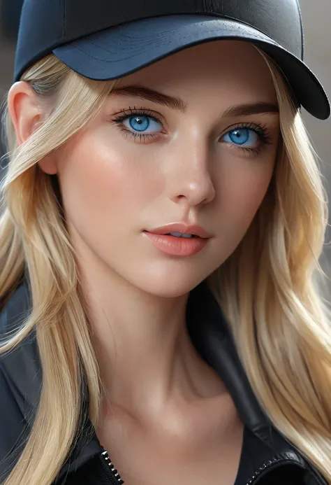 Blonde woman with blue eyes, wearing a black cap on his head (blunt cap image, full image of the cap), portrait ultra detailed, perfeito face detailed, very high quality face, face detailed, soft portrait photographed in 8k, Extremely beautiful face, detai...